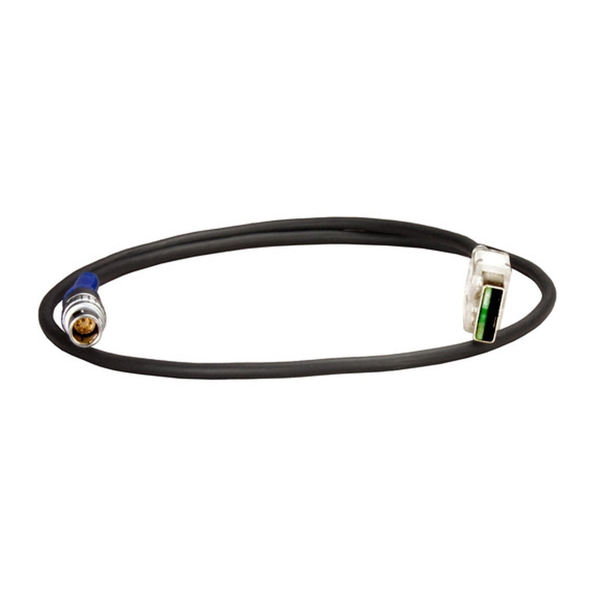 Black security cable with two metal connectors and one blue end cap