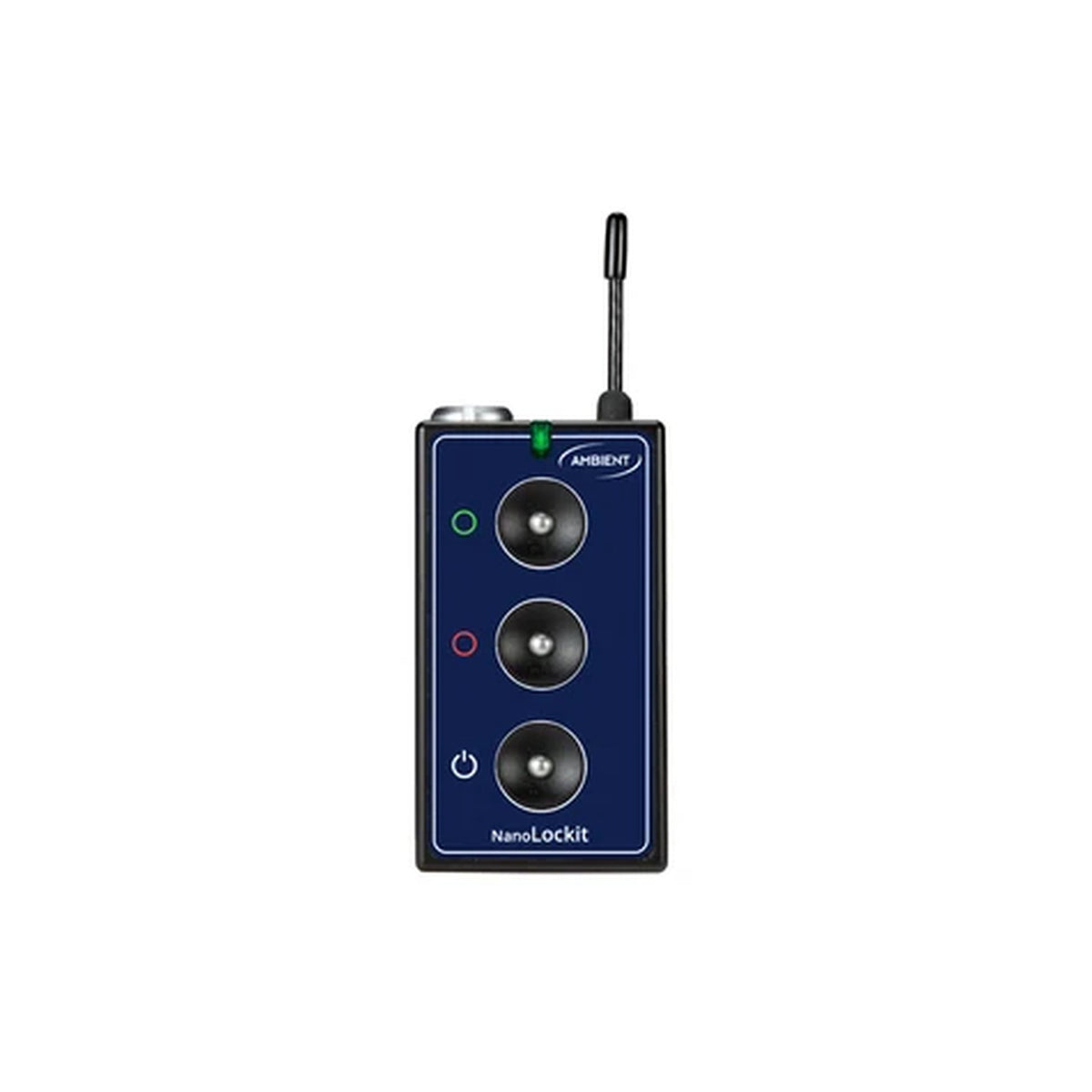Ambient NanoLockit timecode box with antenna, dark blue body and three LED indicators