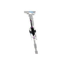 Transmitter boompole mount for mounting clips on a silver pole, with black and purple bands