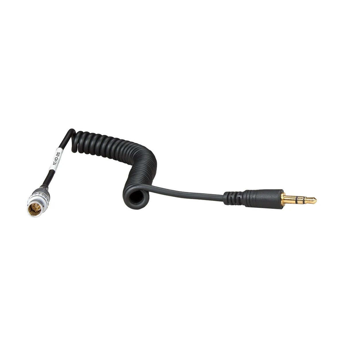 Coiled black cable with gold-plated audio plug and round connector