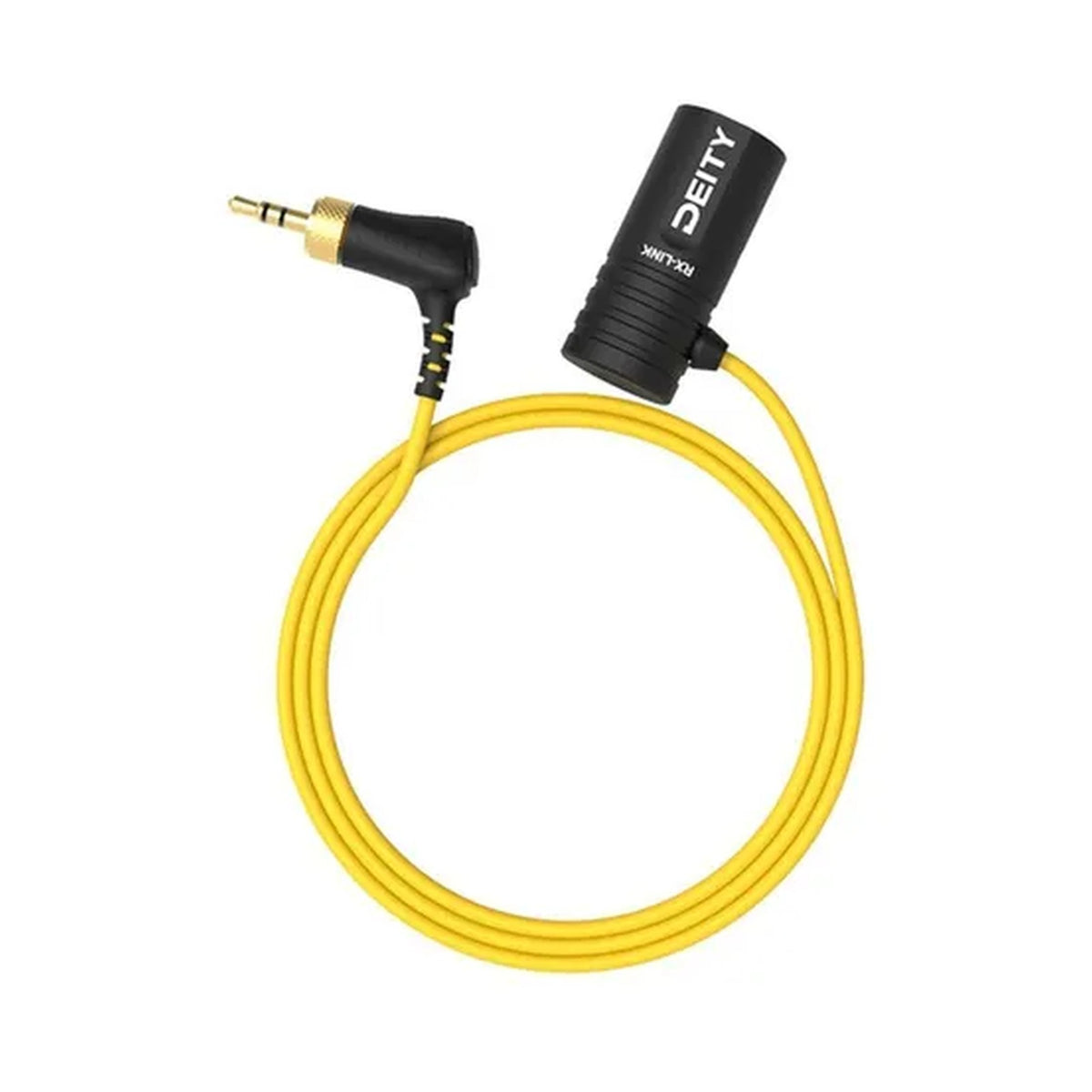 Deity RX-Link receiver output cable with yellow cable, gold RCA plug and black connector