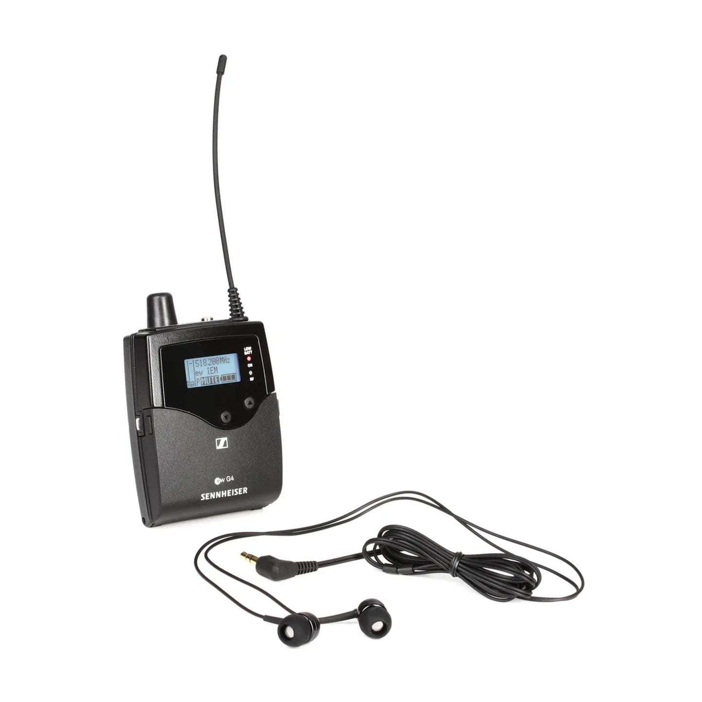 Sennheiser EK IEM G4-GB wireless receiver with antenna and wired earbuds, black