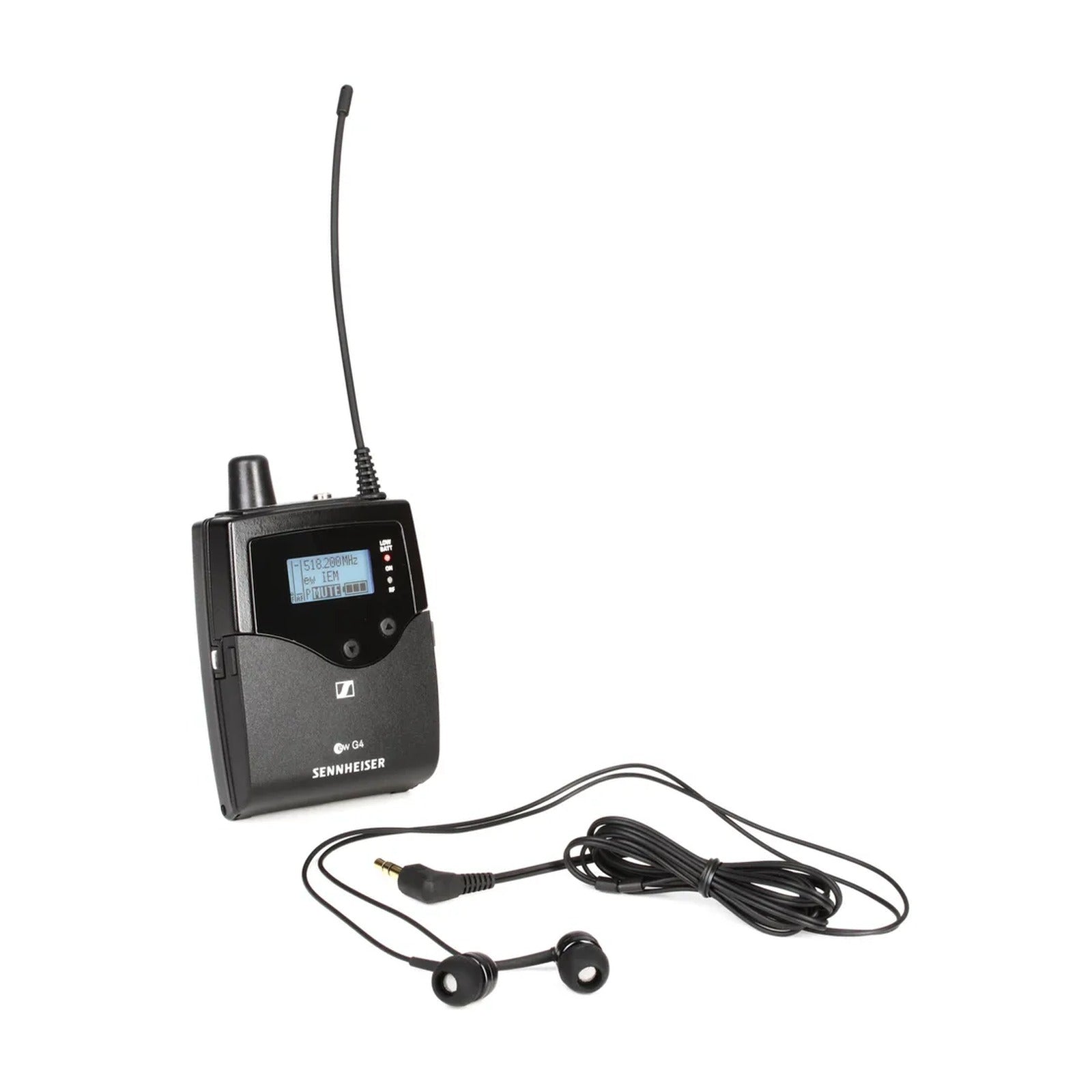 Sennheiser EK IEM G4-GB wireless receiver with antenna and wired earbuds, black