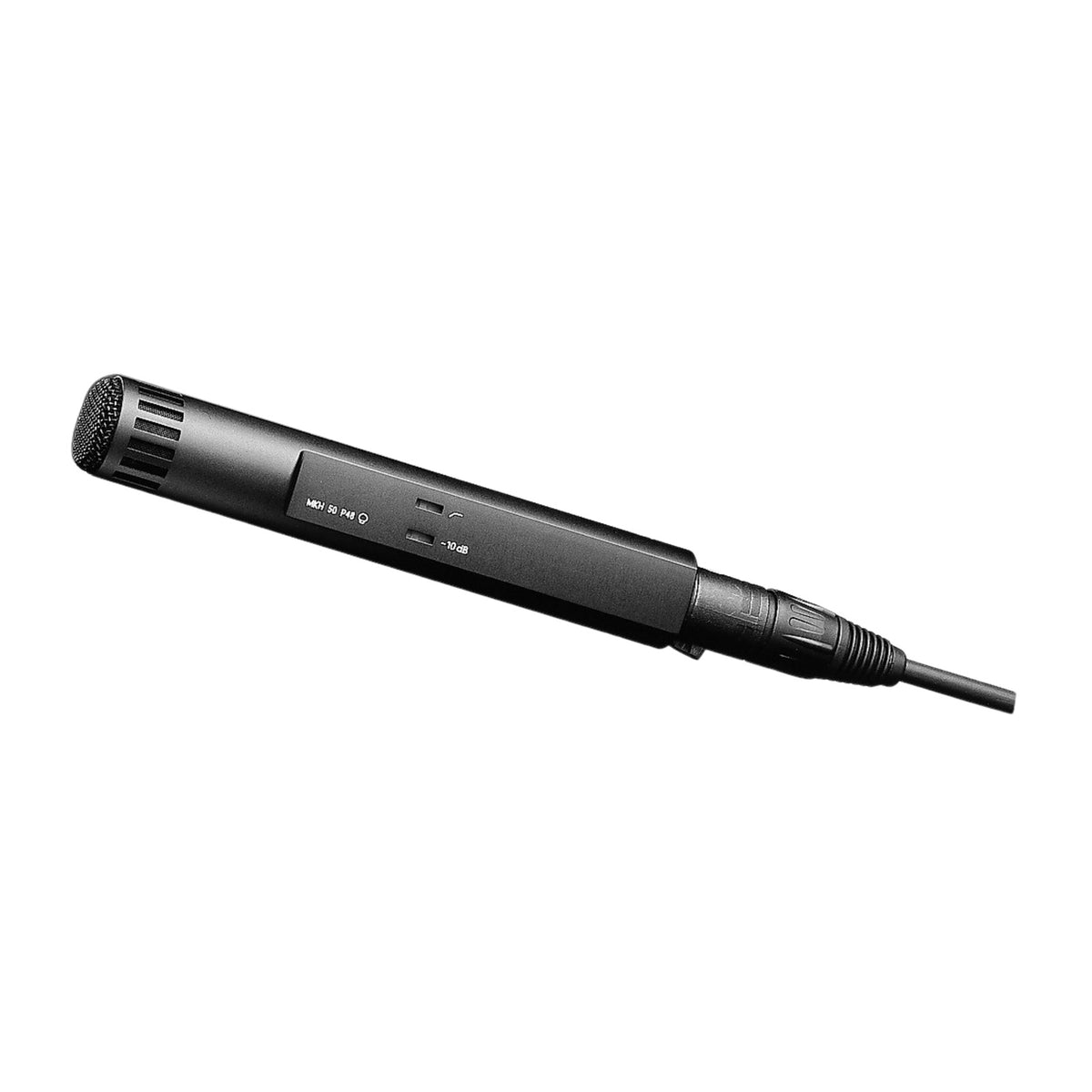Sennheiser MKH50-P48 super cardioid condenser microphone with foam windscreen, side view