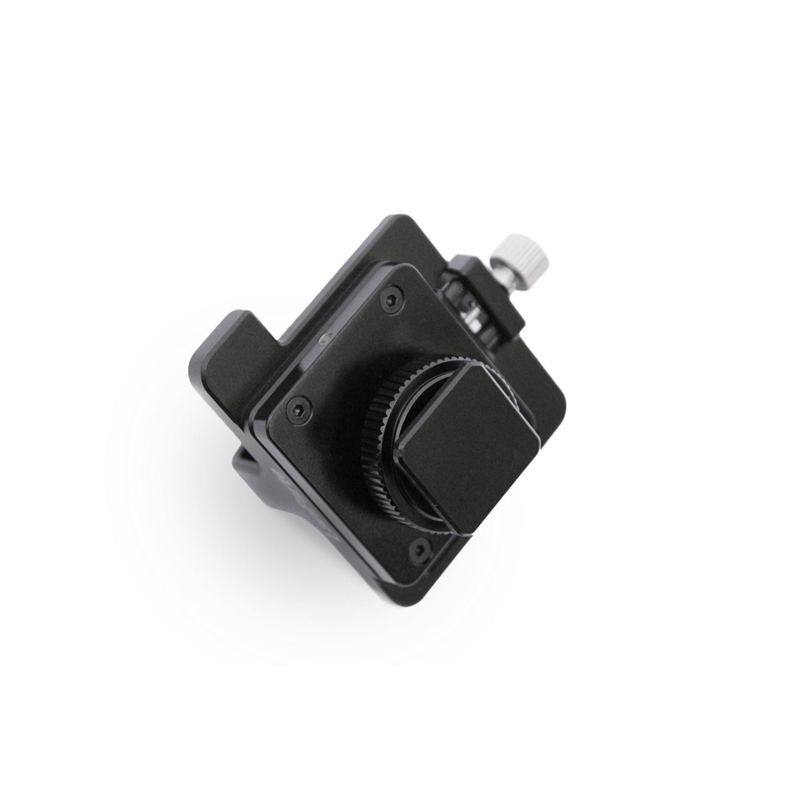 Black cold shoe bracket with sync mount, adjustable dial and white knob