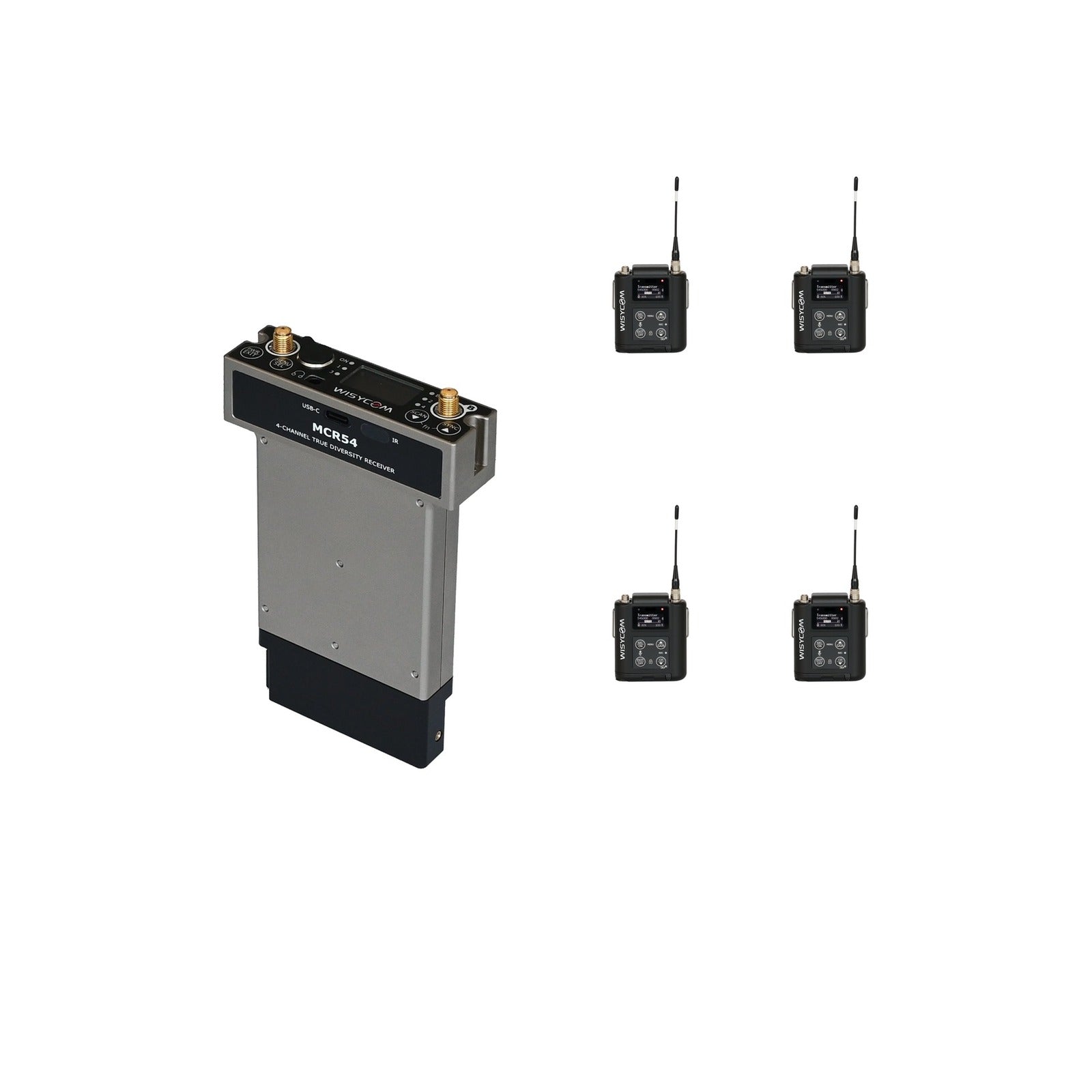 Wisycom MCR54 receiver with four MTP60 transmitters and antennas, black