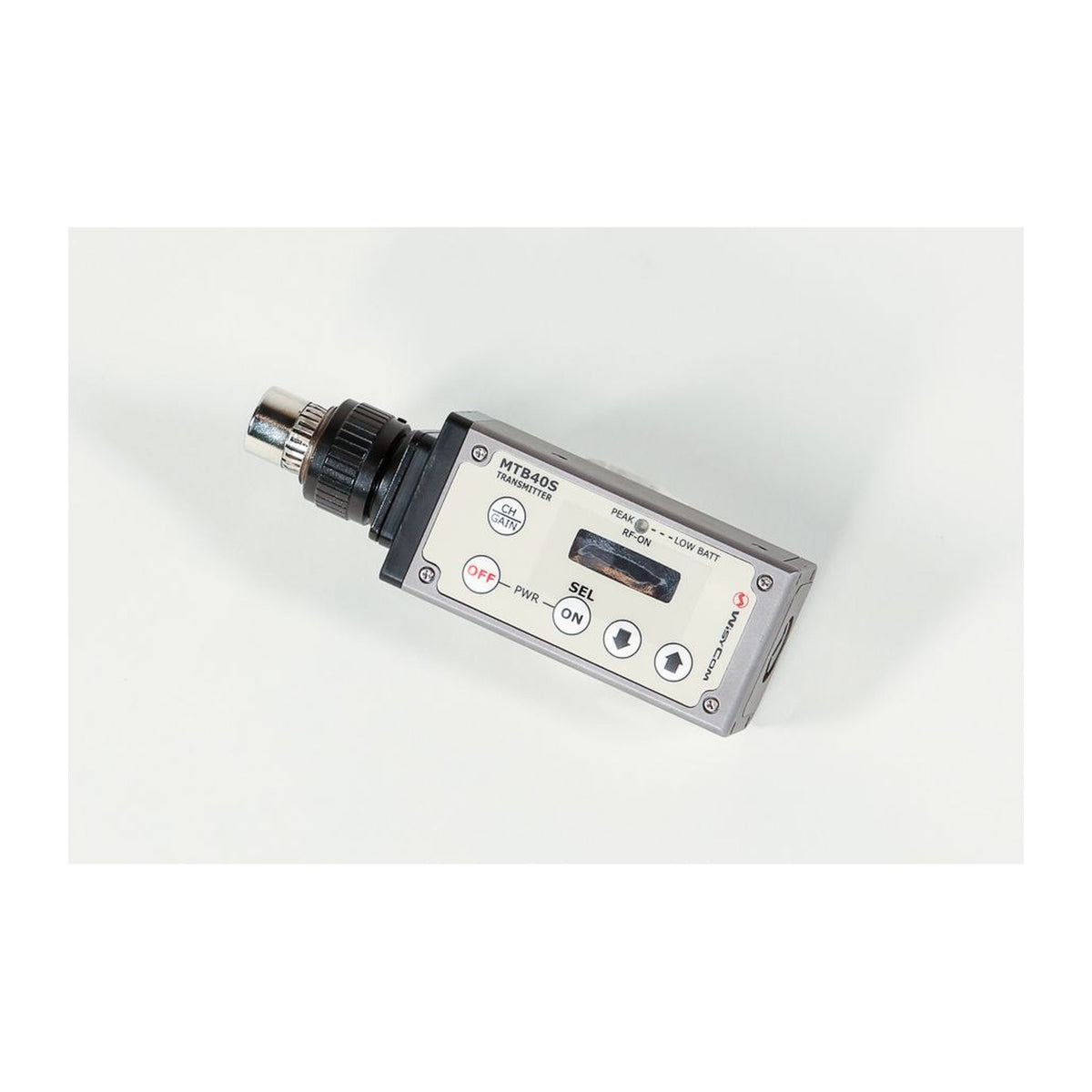 Wisycom MTB40S plug-on transmitter with display and control buttons