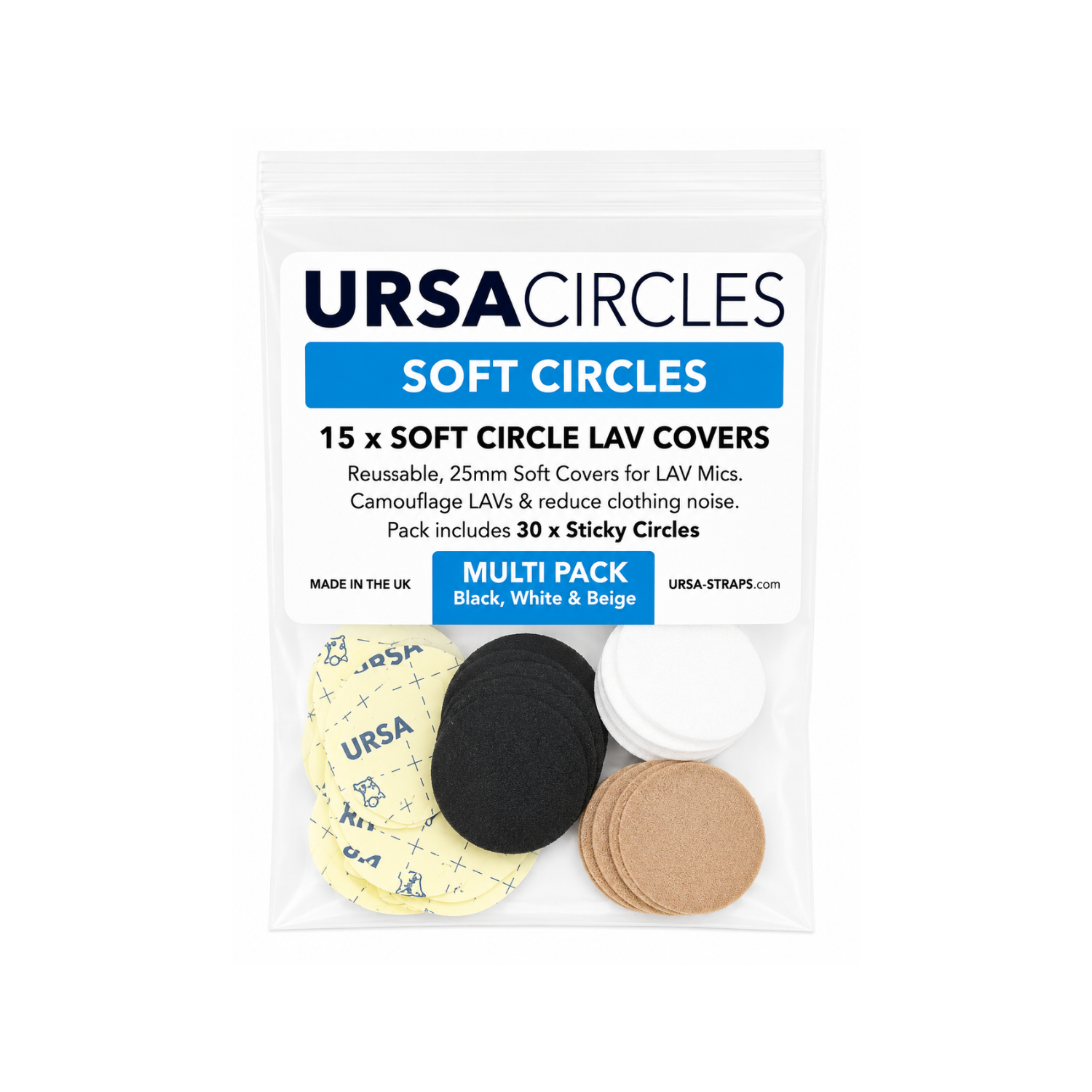 Soft Circles lav mic cover multipack with black, white and beige round covers in a pouch