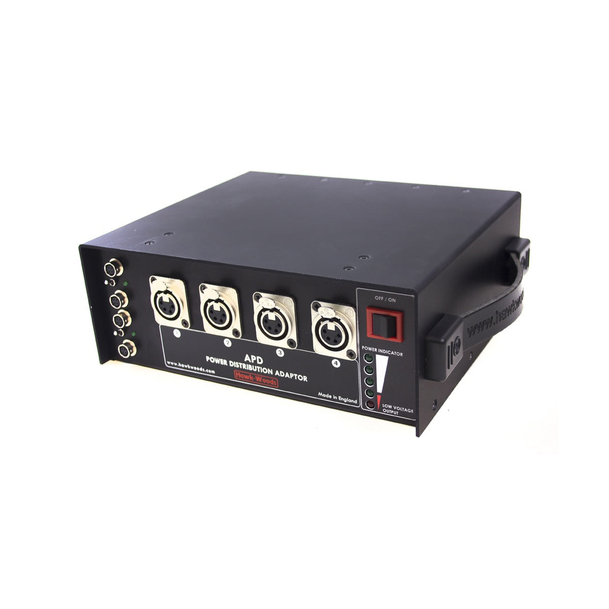 Hawk-Woods APD power distribution adaptor, black metal box with circular input/output ports