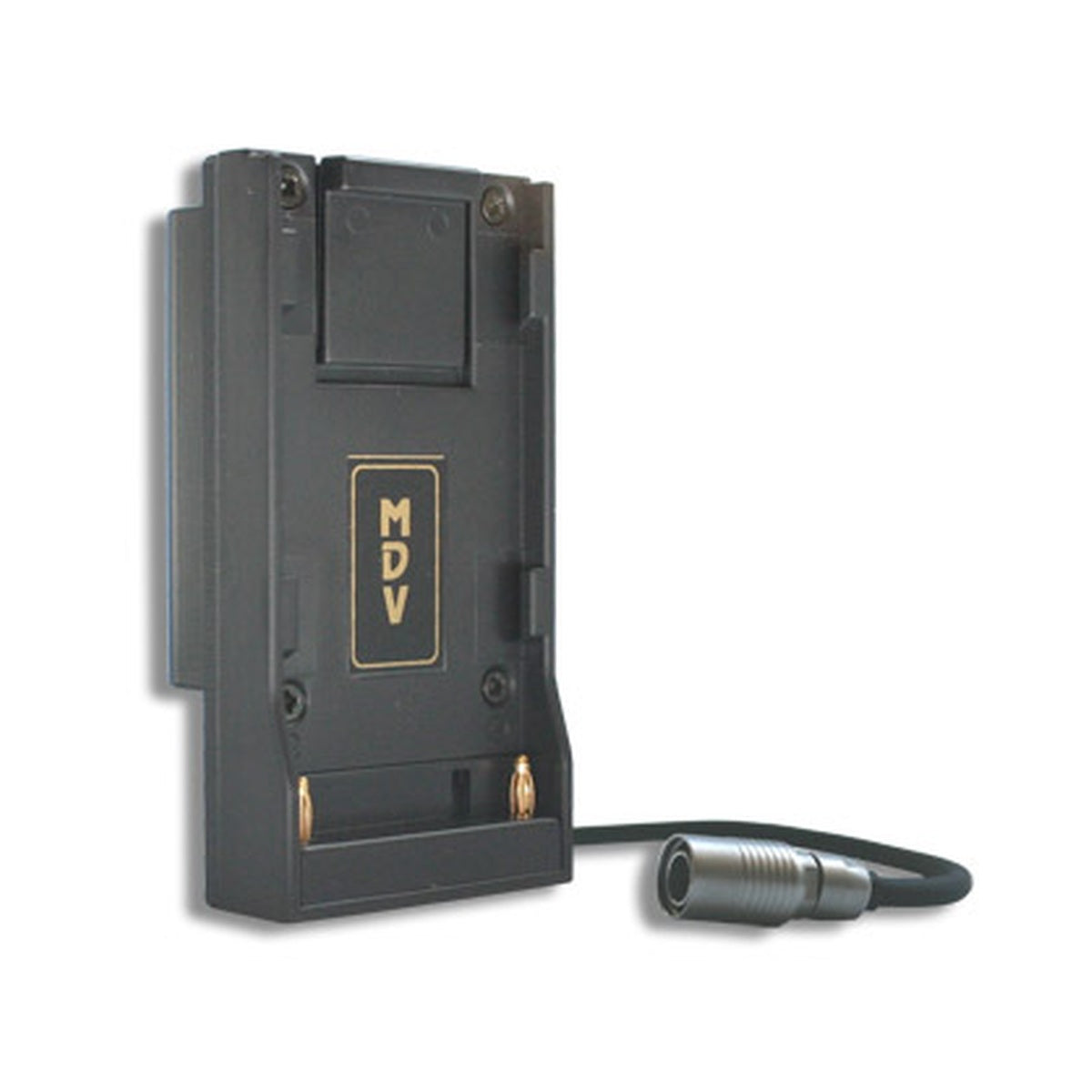 DV battery adaptor, dark grey housing with MDV label and connector cable