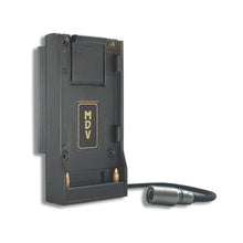 DV battery adaptor, dark grey housing with MDV label and connector cable