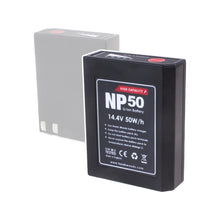 Hawk-Woods NP-50 14.4V 50Wh battery pack with NP50 label and status icons