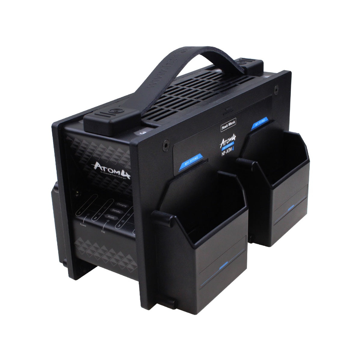 Hawk-Woods battery charger, black NP1 multi-slot dock with blue status lights