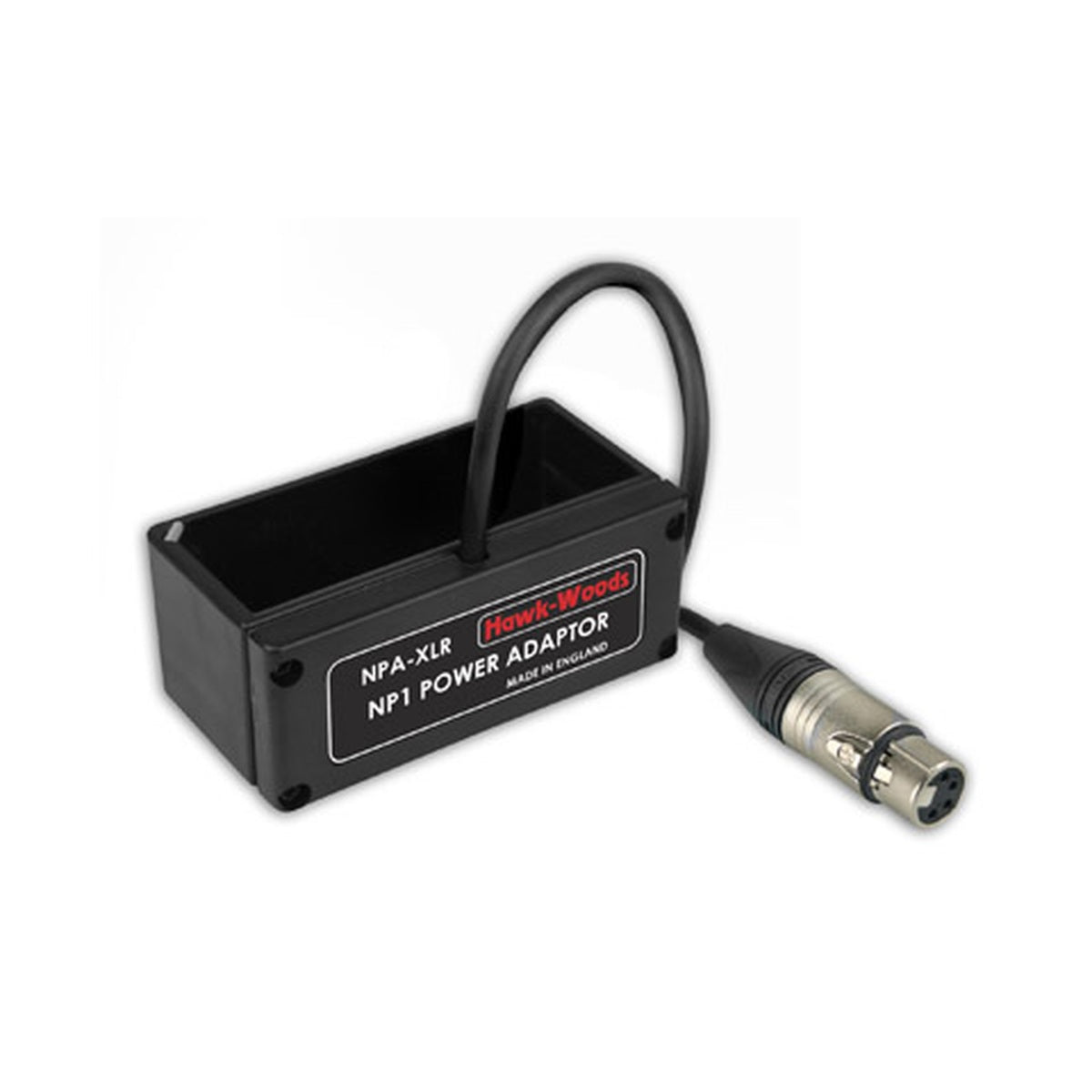 Hawk-Woods NPA-XLR power adaptor, black box with handle and XLR cable connector