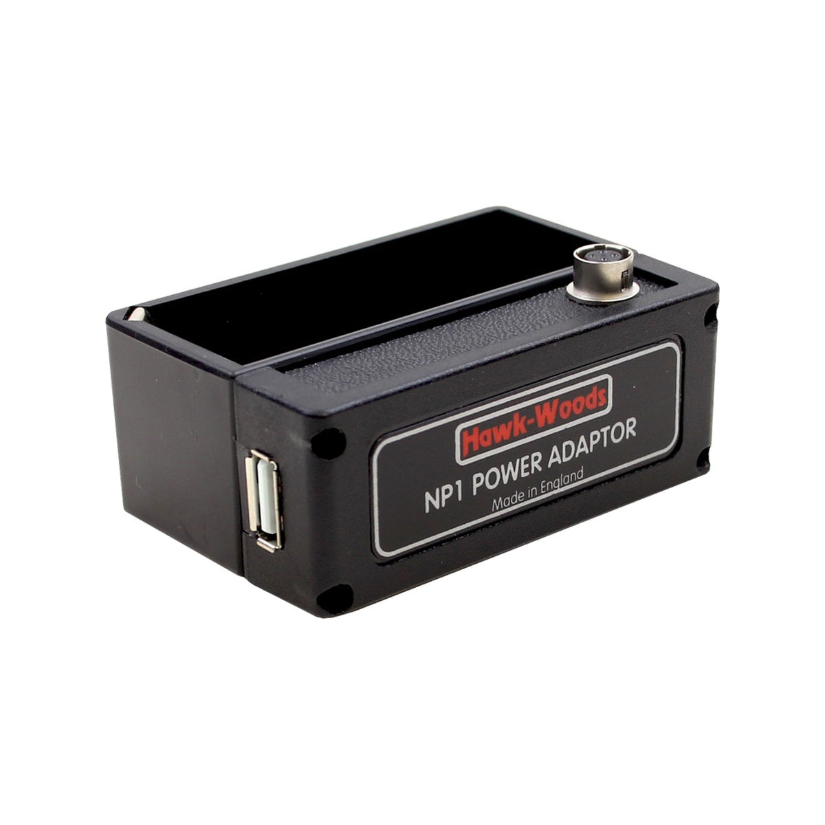 Hawk-Woods NP1 power adaptor with USB port and round DC connector, black rectangular case