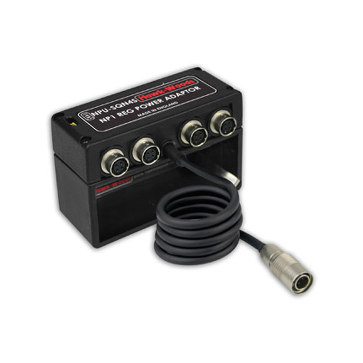 Hawk-Woods NPU-SQN4S power adaptor, black box with 4 ports and attached cable/connector