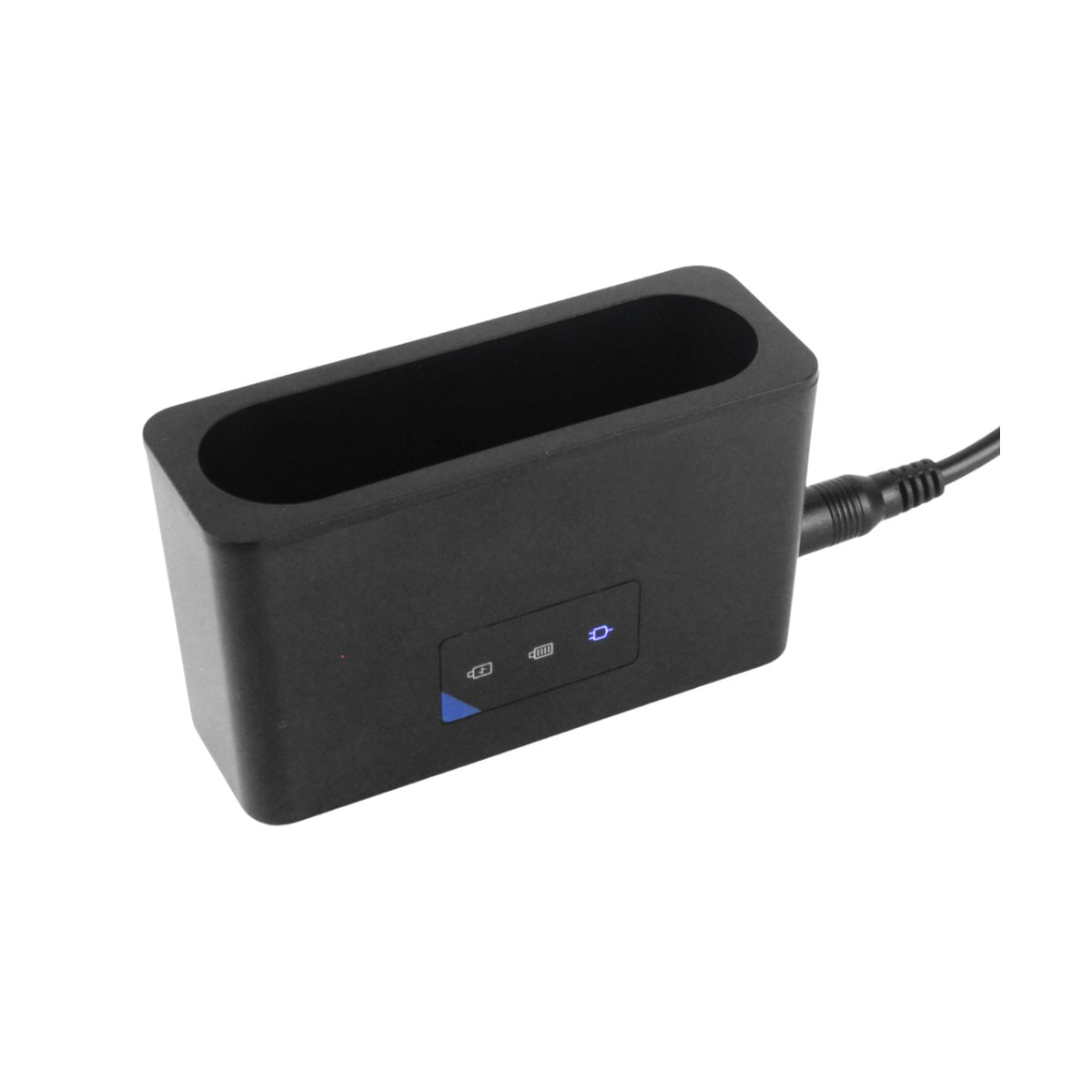 Hawk-Woods SA-C1 smart battery charger, black dock with status icons and power cable
