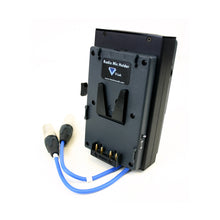 Dual radio mic holder for V-Lok, dark gray with blue cable and connectors