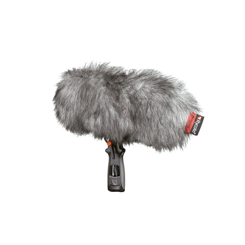 Gray furry microphone windscreen with handle mount