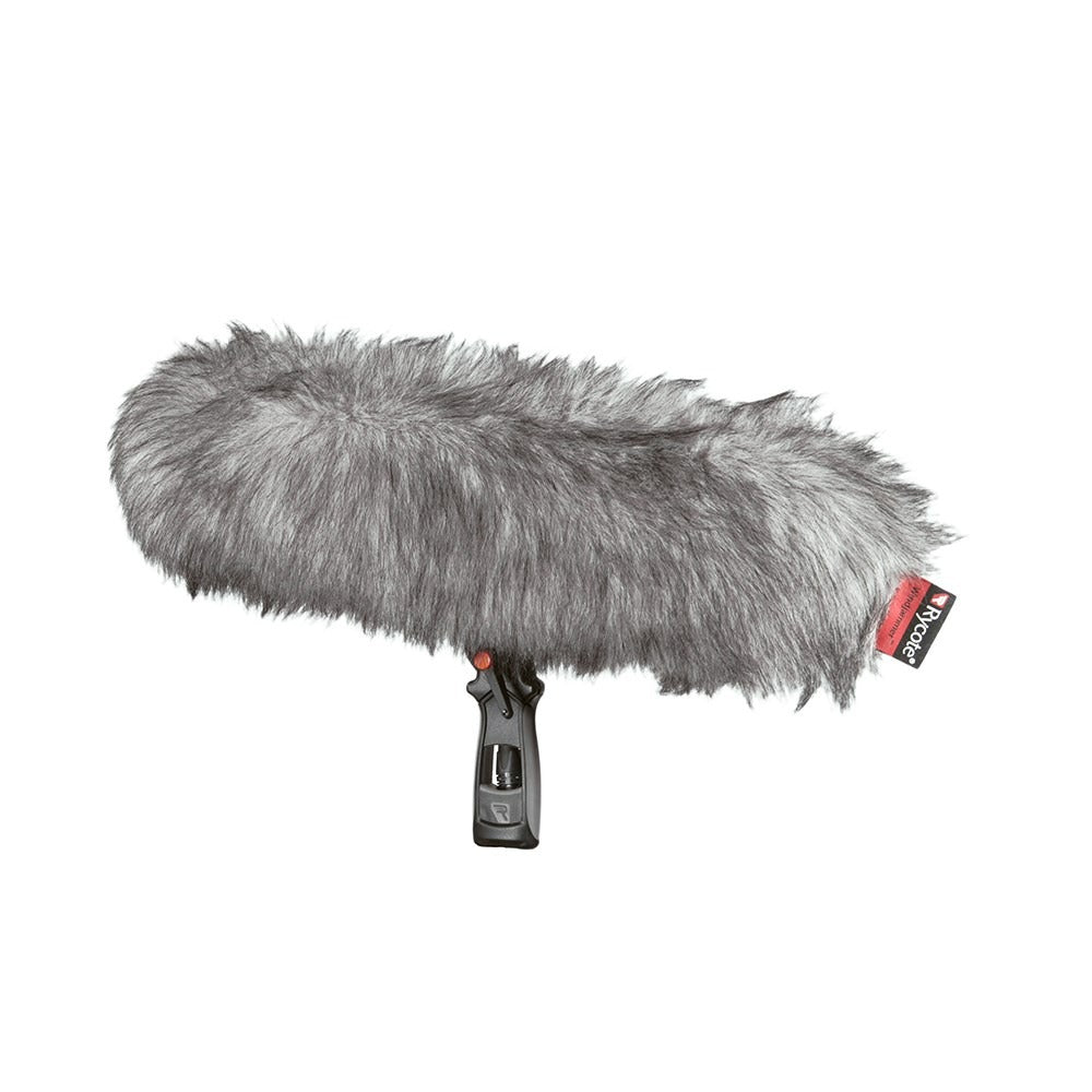 Gray faux-fur microphone windscreen with Windjammer 5 tag