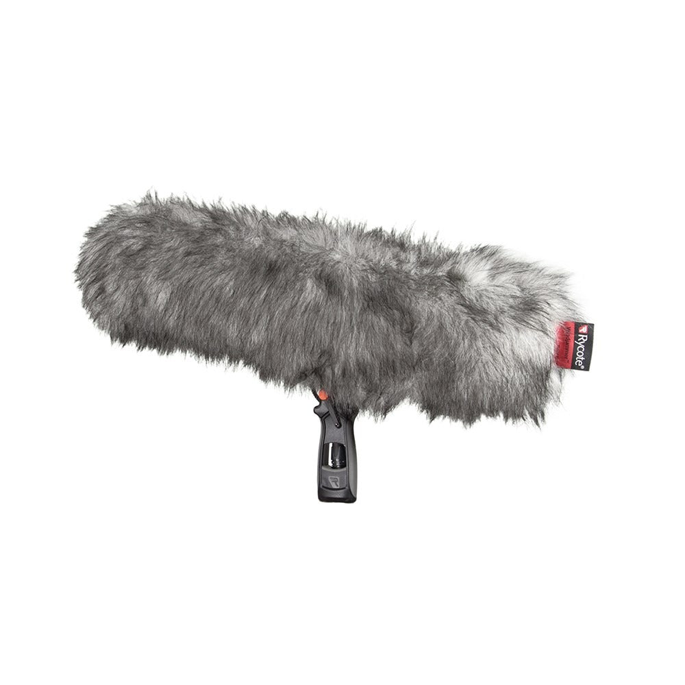 Gray faux-fur microphone windscreen with black clip and handle