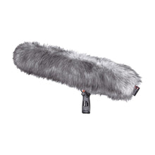 Gray faux-fur microphone windscreen with inline handle