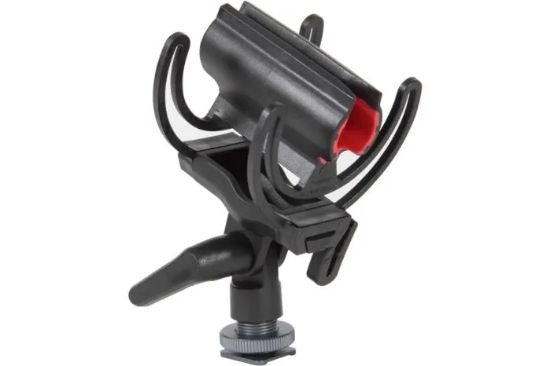 Rycote InVision on-camera shock mount with threaded base and black cradle, red insert