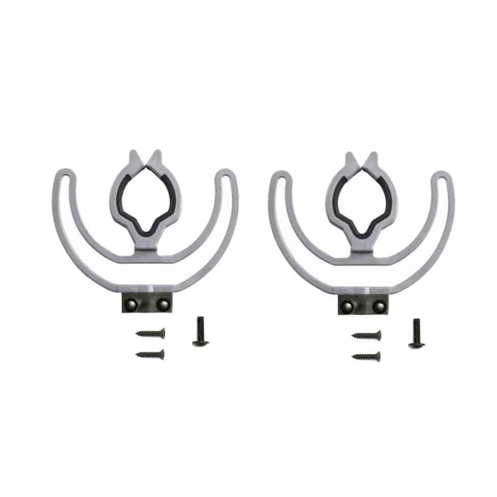 Pair universal lyre brackets with adaptors and screws, grey metal