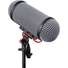 Rycote cylindrical mesh microphone windshield with black and red bands on shock mount