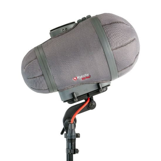 Rycote Small Cyclone XLR 089103 windscreen with gray fabric and green mounting strap