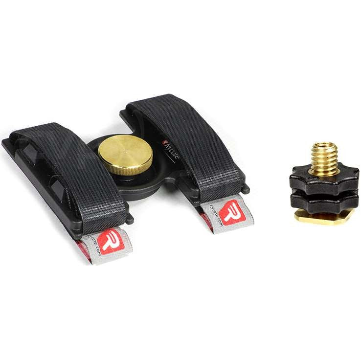 Rycote wireless receiver camera bracket with black straps and gold adjustment knob