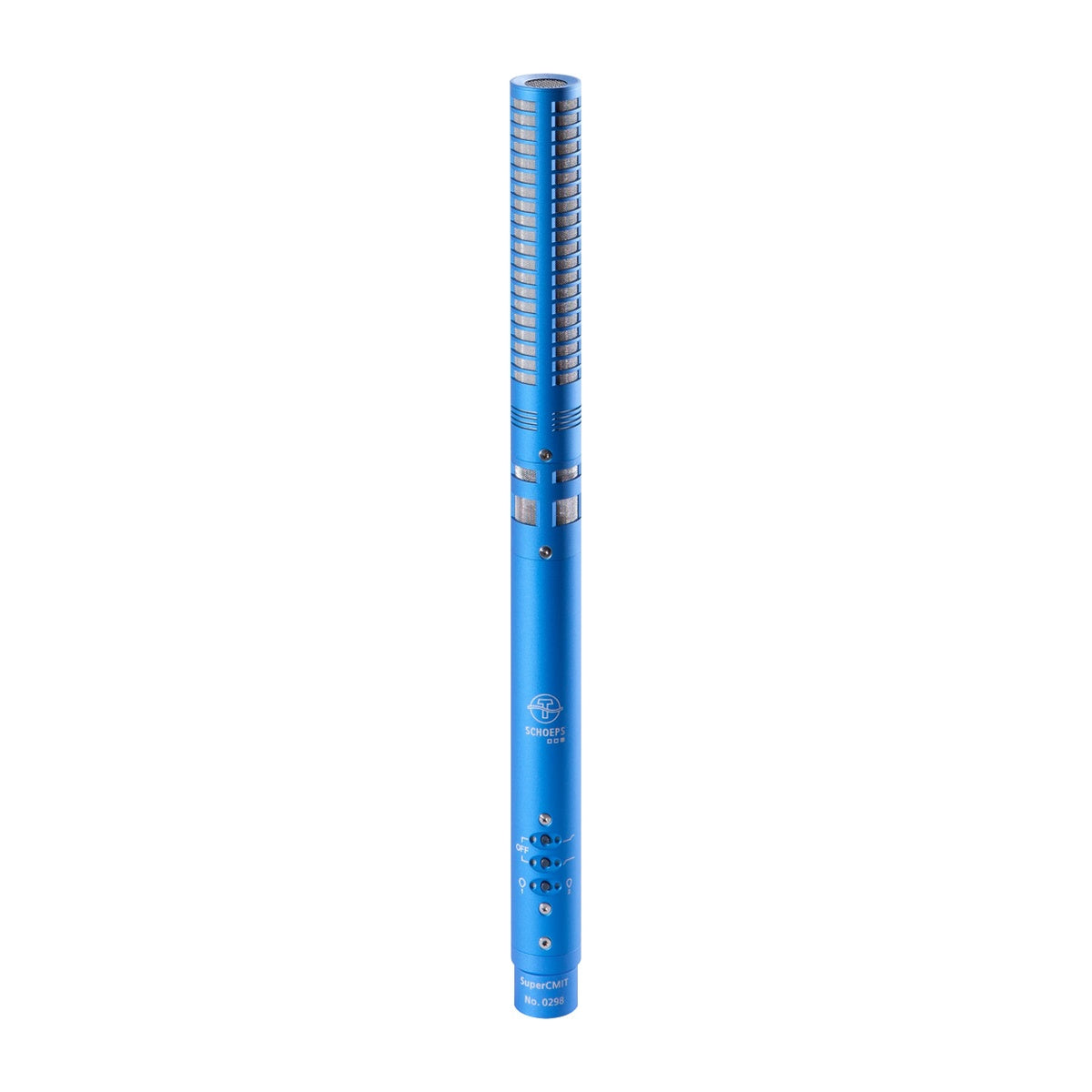 Schoeps SuperCMIT2U shotgun microphone with blue cylindrical body and grille at top