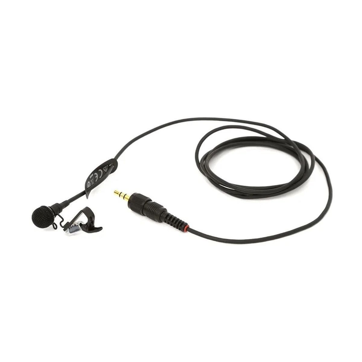 Sony lavalier microphone with locking minijack and black cable, foam windscreen and plug