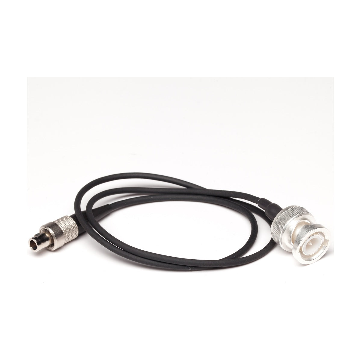 Sound Devices BNC timecode cable, black cord with BNC male and female ends.