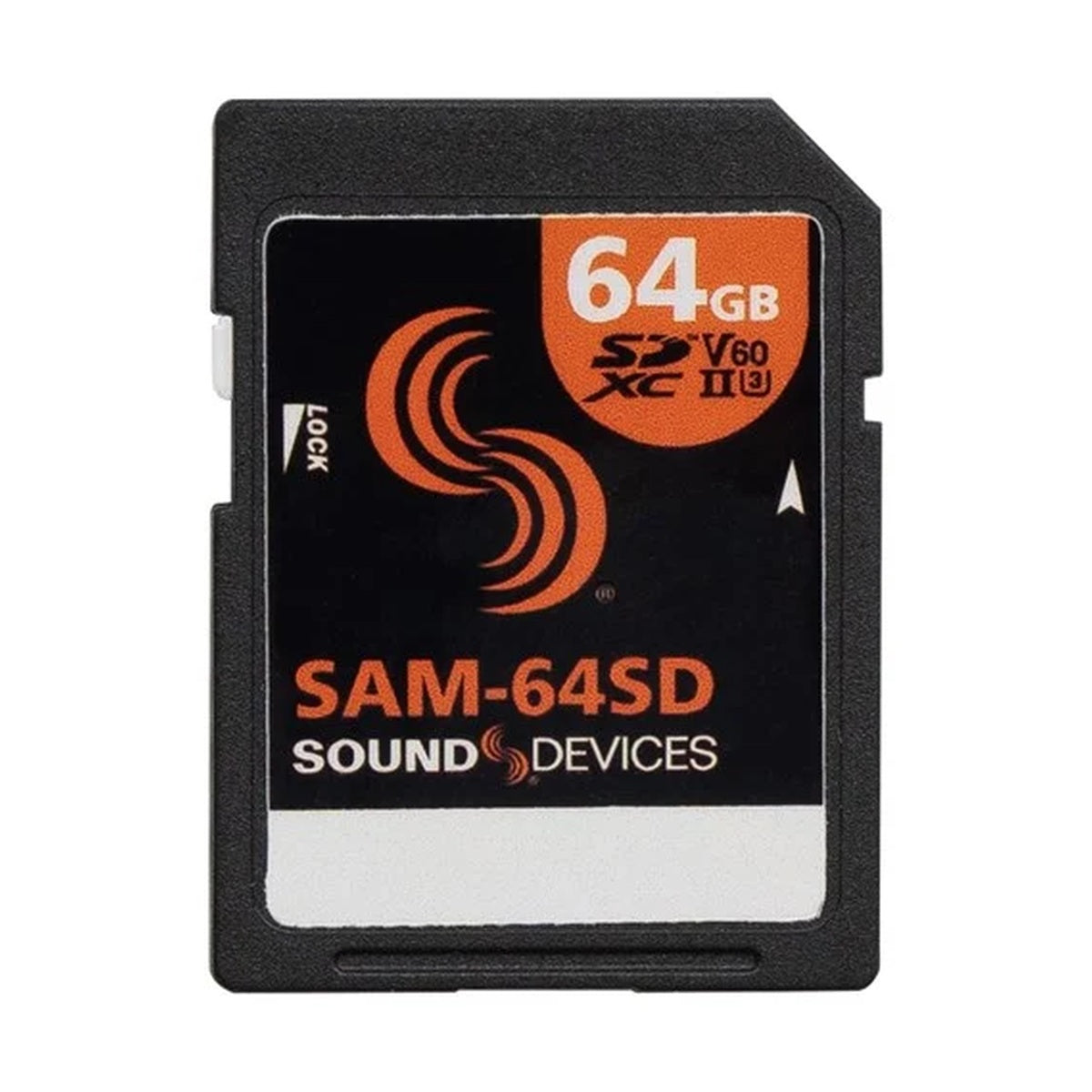 Sound Devices SAM-64SD 64GB SD card with orange logo and text