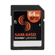 Sound Devices SAM-64SD 64GB SD card with orange logo and text