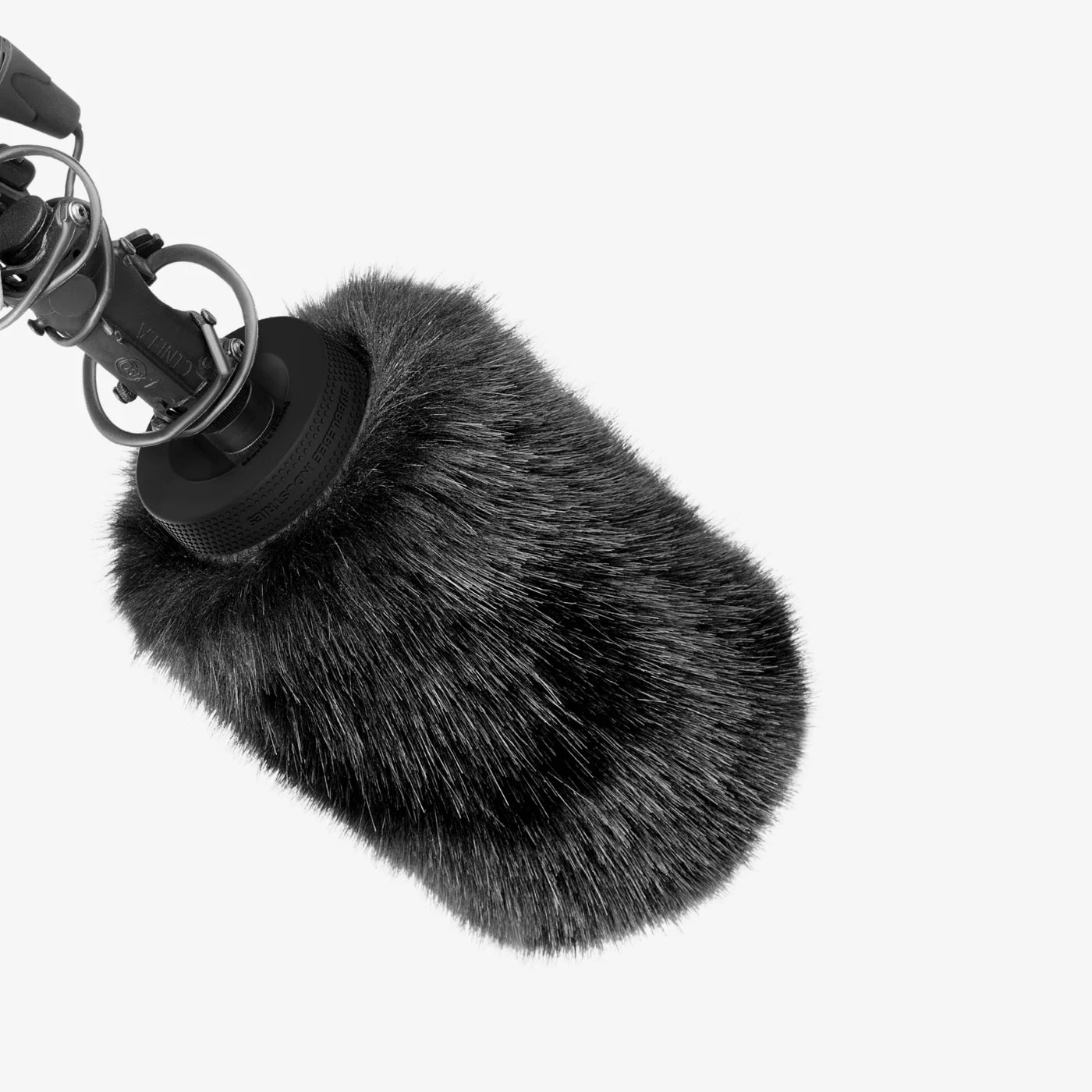 Black furry windscreen with metal clip attached to a device