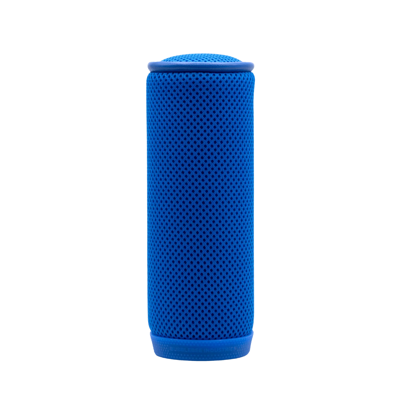 Blue spacer mesh cylinder with dotted perforations and ribbed base ring.