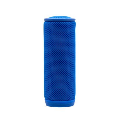 Blue spacer mesh cylinder with dotted perforations and ribbed base ring.