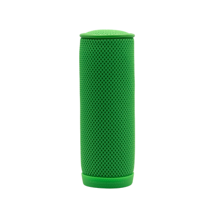 Green spacer mesh cylinder shown from an angle, with perforated mesh texture.