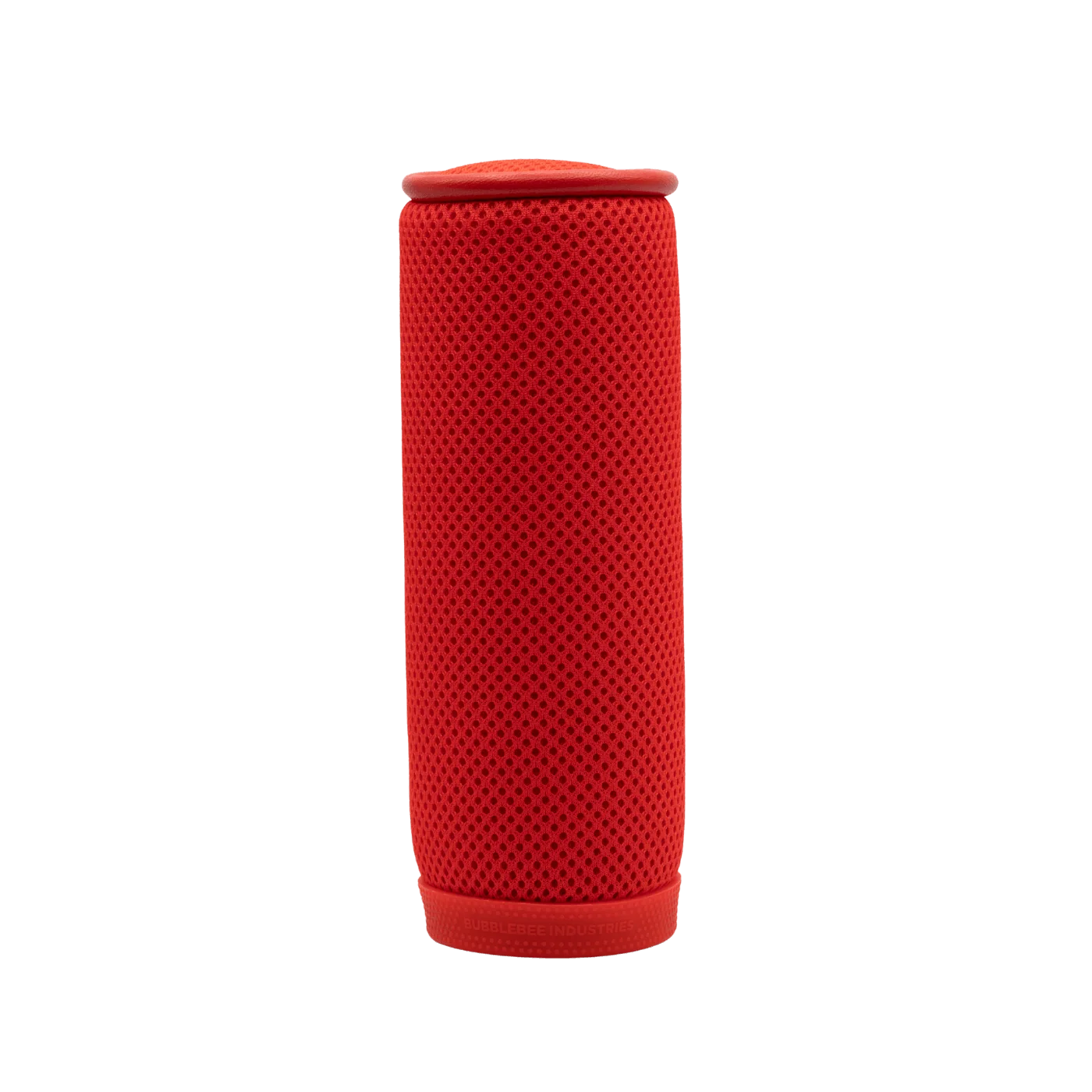 Red spacer mesh cylinder shown from an angle, with perforated mesh texture.