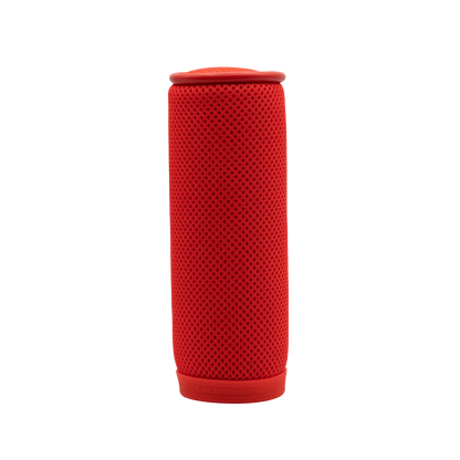 Red spacer mesh cylinder shown from an angle, with perforated mesh texture.