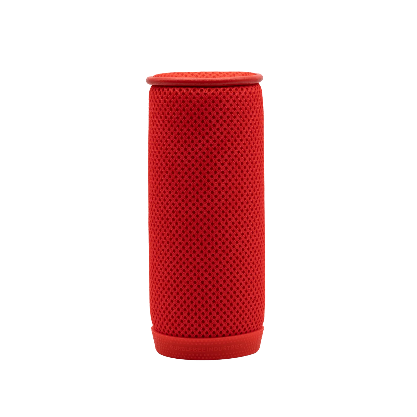 Red spacer mesh cylinder with dotted perforations and ribbed base ring.