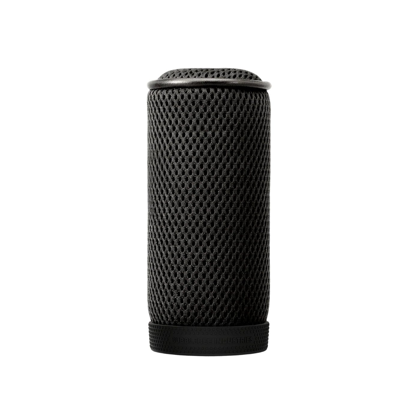 Black cylindrical mesh spacer bubble, front view, textured perforations throughout.
