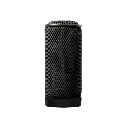 Black cylindrical mesh spacer bubble, front view, textured perforations throughout.