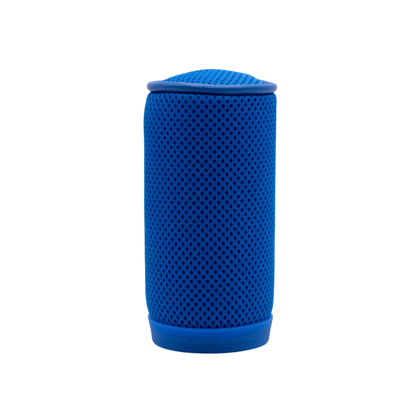 Blue cylindrical mesh spacer bubble, front view, textured perforations throughout.