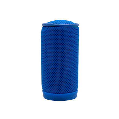Blue cylindrical mesh spacer bubble, front view, textured perforations throughout.