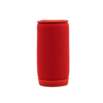 Spacer mesh cylinder in red with perforated pattern and rounded top rim.