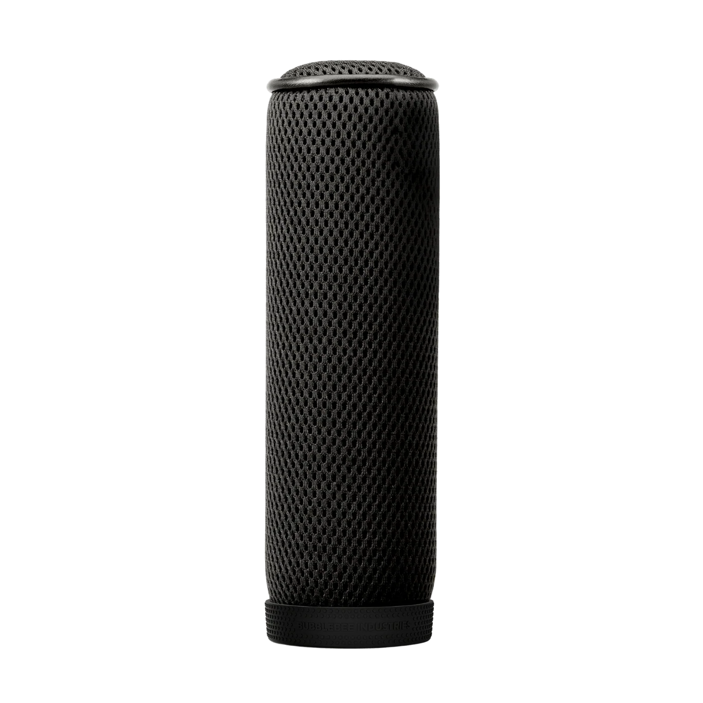 Black mesh cylindrical microphone windscreen with rubber base