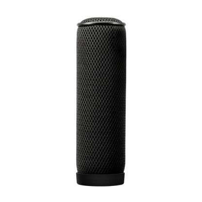Black mesh cylindrical microphone windscreen with rubber base